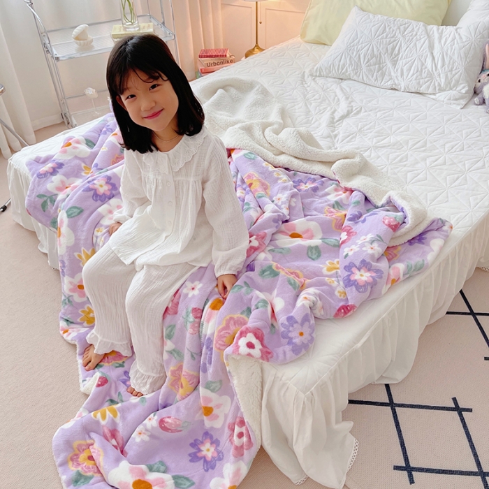91家纺网 家纺一手货源 找家纺 顾里家纺 2021新款ins网红少女心暖肤羊羔绒毯 油画紫花