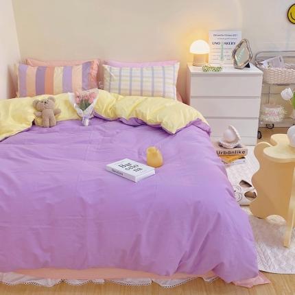 顾里家纺2021新款40支高密度奶油撞色水洗棉四件套 紫黄玉