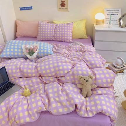 顾里家纺2021新款40支高密度奶油撞色水洗棉四件套 紫罗兰