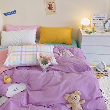 顾里家纺2021新款40支高密度奶油撞色水洗棉四件套 紫玉蓝