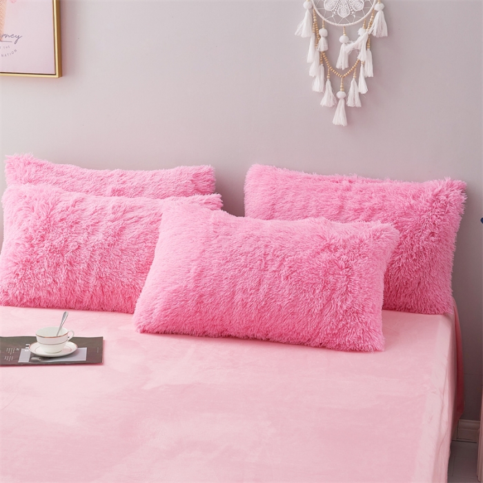 91家纺网 家纺一手货源 找家纺 品尚嘉家纺2025新款纯色水貂绒四件套长毛绒保暖套件 粉色