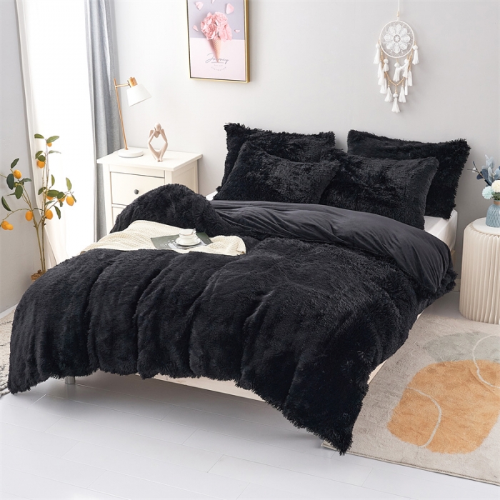 91家纺网 家纺一手货源 找家纺 品尚嘉家纺2025新款纯色水貂绒四件套长毛绒保暖套件 黑色