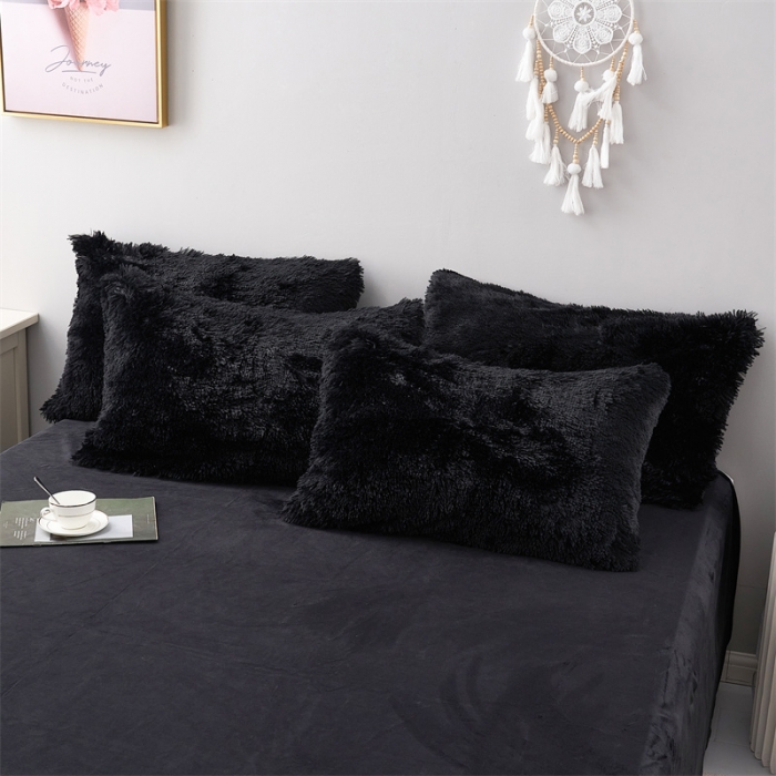 91家纺网 家纺一手货源 找家纺 品尚嘉家纺2025新款纯色水貂绒四件套长毛绒保暖套件 黑色