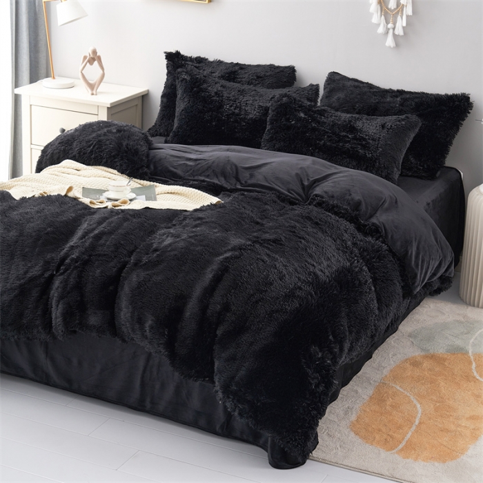 91家纺网 家纺一手货源 找家纺 品尚嘉家纺2025新款纯色水貂绒四件套长毛绒保暖套件 黑色