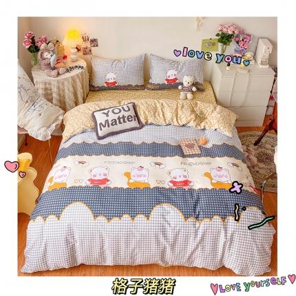 91家纺网 家纺一手货源 找家纺 顾里40支13372奶油系精梳全棉四季款四件套 格子猪猪