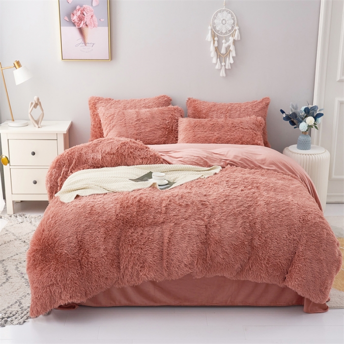 91家纺网 家纺一手货源 找家纺 品尚嘉家纺2025新款纯色水貂绒四件套长毛绒保暖套件 皮粉