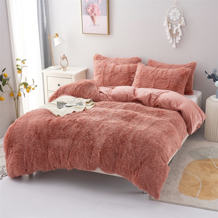 91家纺网 家纺一手货源 找家纺 品尚嘉家纺2025新款纯色水貂绒四件套长毛绒保暖套件 皮粉