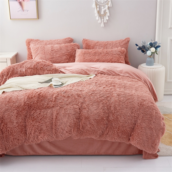 91家纺网 家纺一手货源 找家纺 品尚嘉家纺2025新款纯色水貂绒四件套长毛绒保暖套件 皮粉