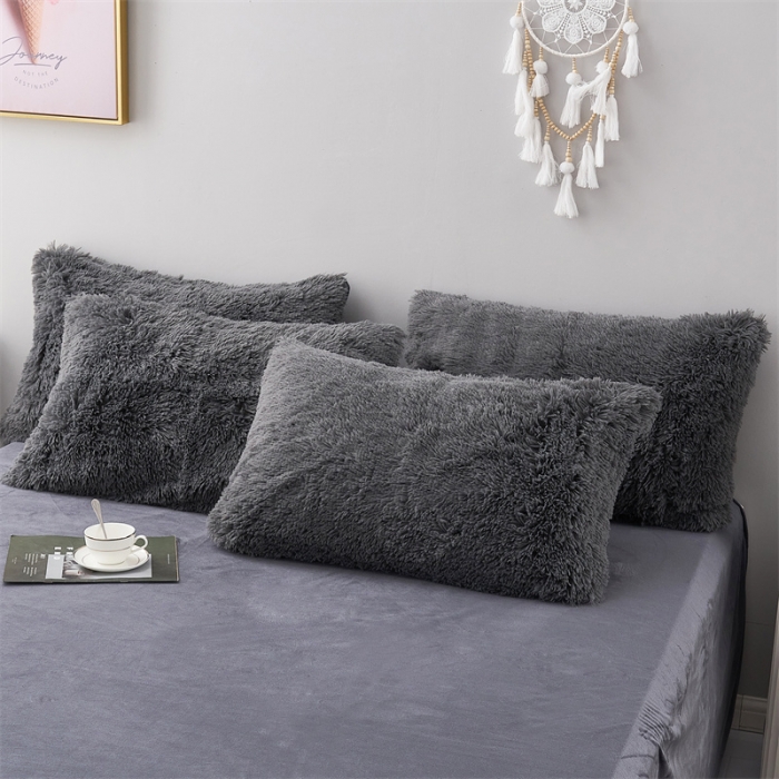 91家纺网 家纺一手货源 找家纺 品尚嘉家纺2023新款纯色水貂绒四件套长毛绒保暖套件 深灰