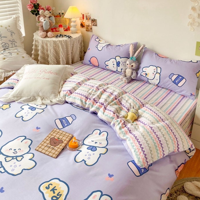 91家纺网 家纺一手货源 找家纺 顾里40支13372奶油系精梳全棉四季款四件套 快乐兔子