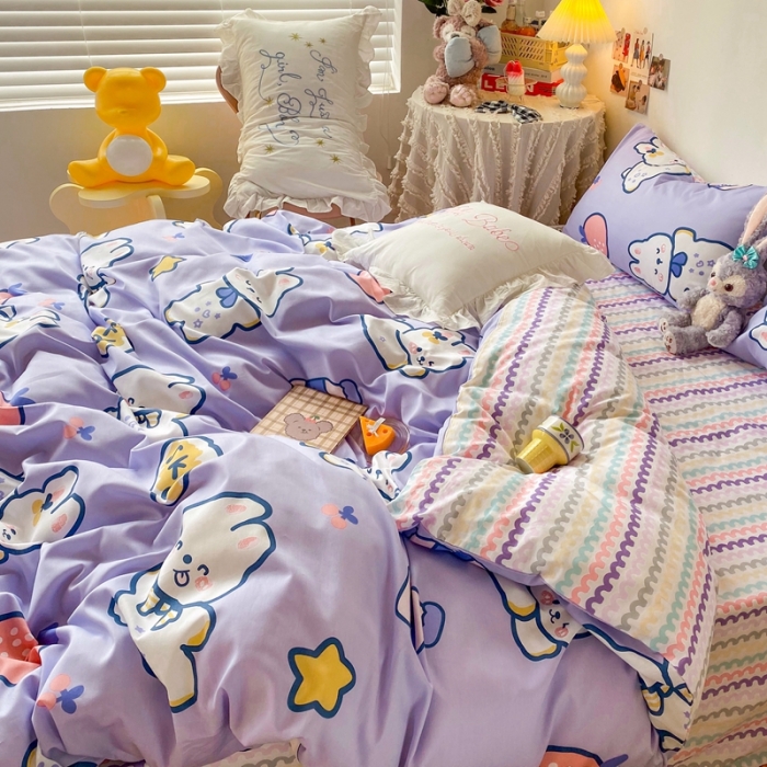 91家纺网 家纺一手货源 找家纺 顾里40支13372奶油系精梳全棉四季款四件套 快乐兔子