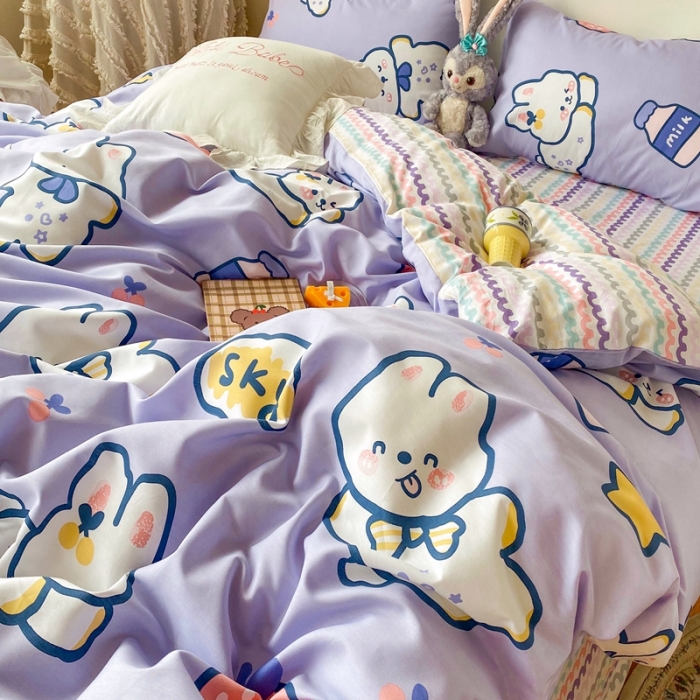 91家纺网 家纺一手货源 找家纺 顾里40支13372奶油系精梳全棉四季款四件套 快乐兔子