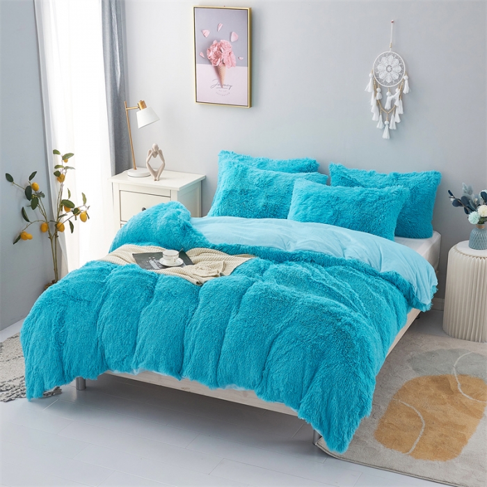 91家纺网 家纺一手货源 找家纺 品尚嘉家纺2025新款纯色水貂绒四件套长毛绒保暖套件 天蓝