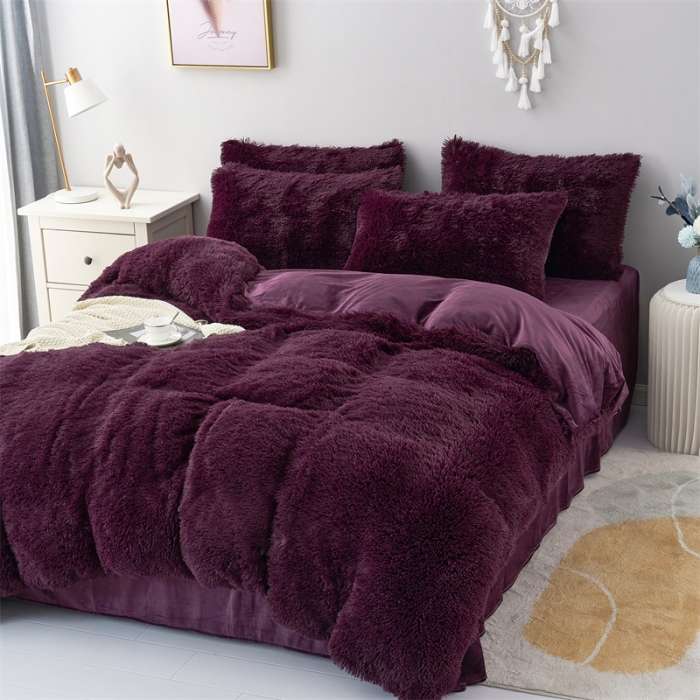 91家纺网 家纺一手货源 找家纺 品尚嘉家纺2023新款纯色水貂绒四件套长毛绒保暖套件 枣红