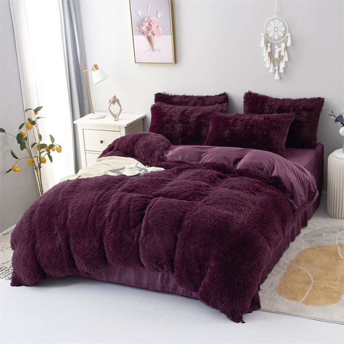 91家纺网 家纺一手货源 找家纺 品尚嘉家纺2023新款纯色水貂绒四件套长毛绒保暖套件 枣红