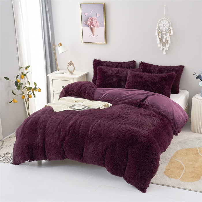 91家纺网 家纺一手货源 找家纺 品尚嘉家纺2023新款纯色水貂绒四件套长毛绒保暖套件 枣红