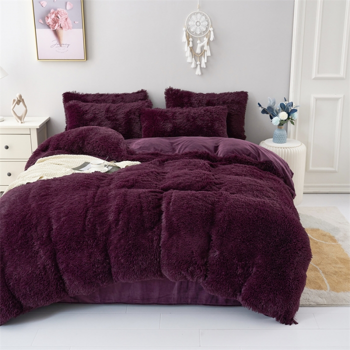 91家纺网 家纺一手货源 找家纺 品尚嘉家纺2023新款纯色水貂绒四件套长毛绒保暖套件 枣红