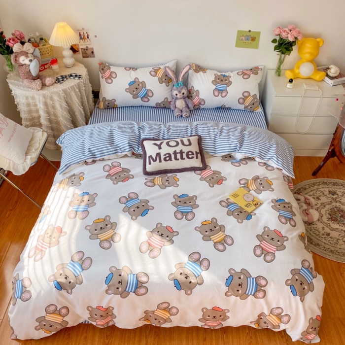 91家纺网 家纺一手货源 找家纺 顾里40支13372奶油系精梳全棉四季款四件套 帽子小熊