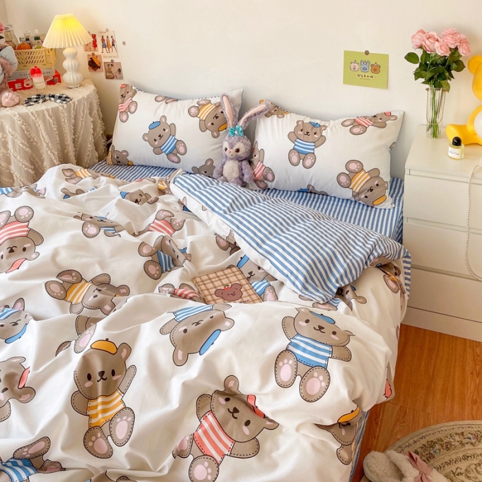 91家纺网 家纺一手货源 找家纺 顾里40支13372奶油系精梳全棉四季款四件套 帽子小熊