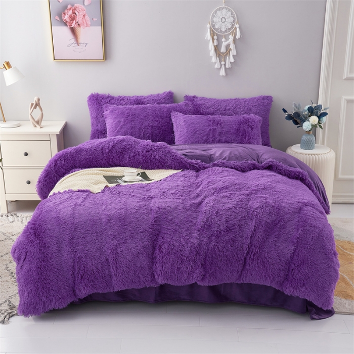 91家纺网 家纺一手货源 找家纺 品尚嘉家纺2025新款纯色水貂绒四件套长毛绒保暖套件 紫色