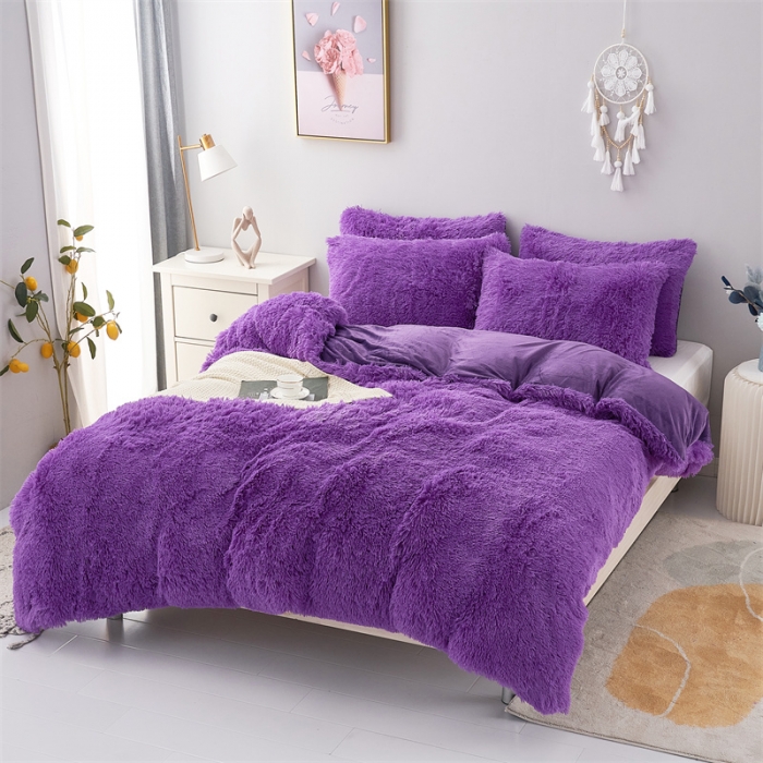 91家纺网 家纺一手货源 找家纺 品尚嘉家纺2025新款纯色水貂绒四件套长毛绒保暖套件 紫色