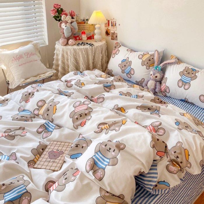 91家纺网 家纺一手货源 找家纺 顾里40支13372奶油系精梳全棉四季款四件套 帽子小熊