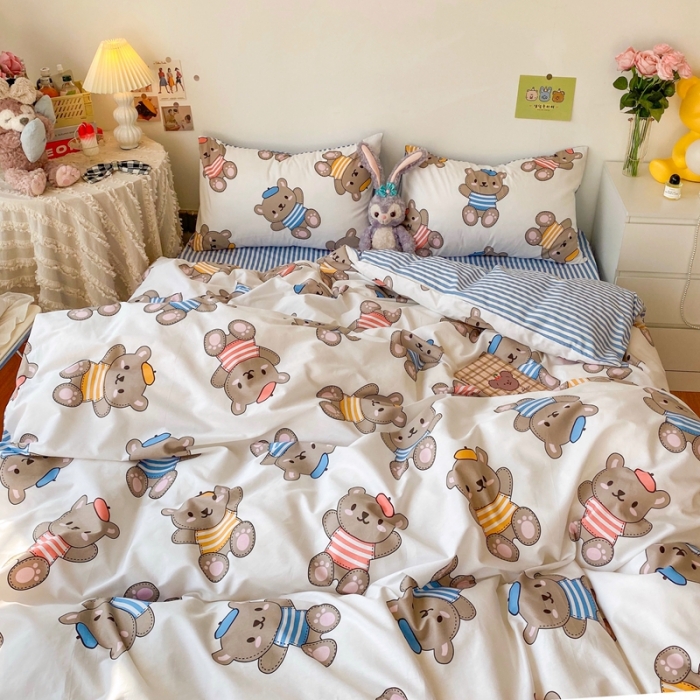 91家纺网 家纺一手货源 找家纺 顾里40支13372奶油系精梳全棉四季款四件套 帽子小熊