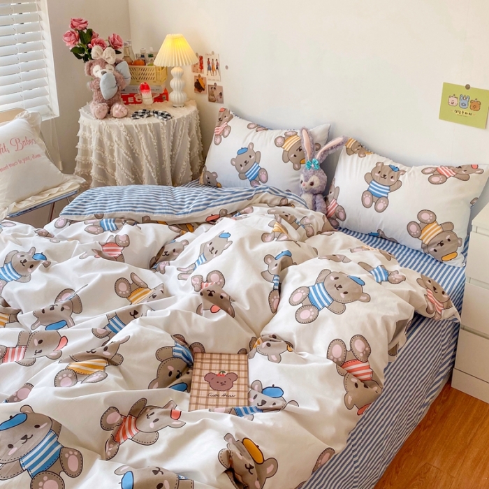 91家纺网 家纺一手货源 找家纺 顾里40支13372奶油系精梳全棉四季款四件套 帽子小熊