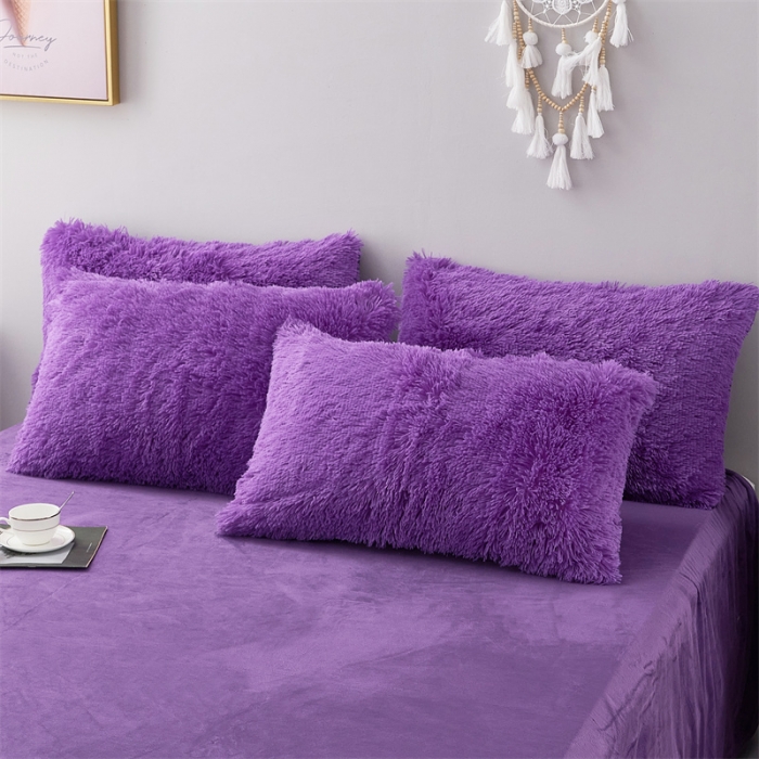 91家纺网 家纺一手货源 找家纺 品尚嘉家纺2025新款纯色水貂绒四件套长毛绒保暖套件 紫色
