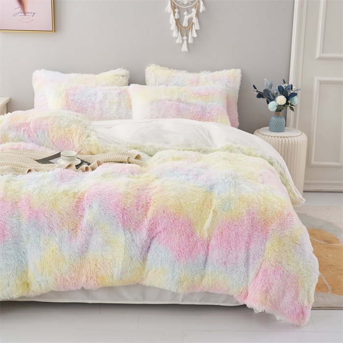 91家纺网 家纺一手货源 找家纺 品尚嘉家纺2025新款扎染水貂绒四件套长毛绒保暖套件 冰激凌