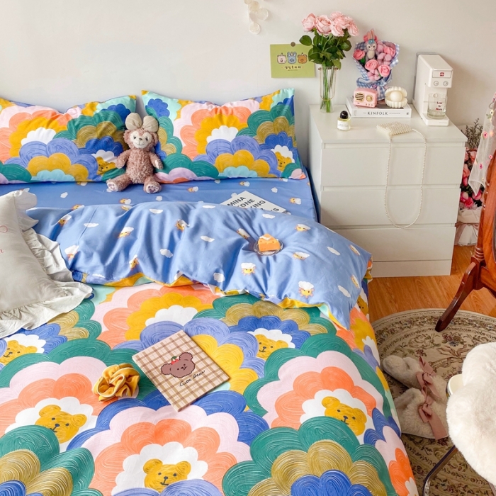 91家纺网 家纺一手货源 找家纺 顾里40支13372奶油系精梳全棉四季款四件套 油画小熊