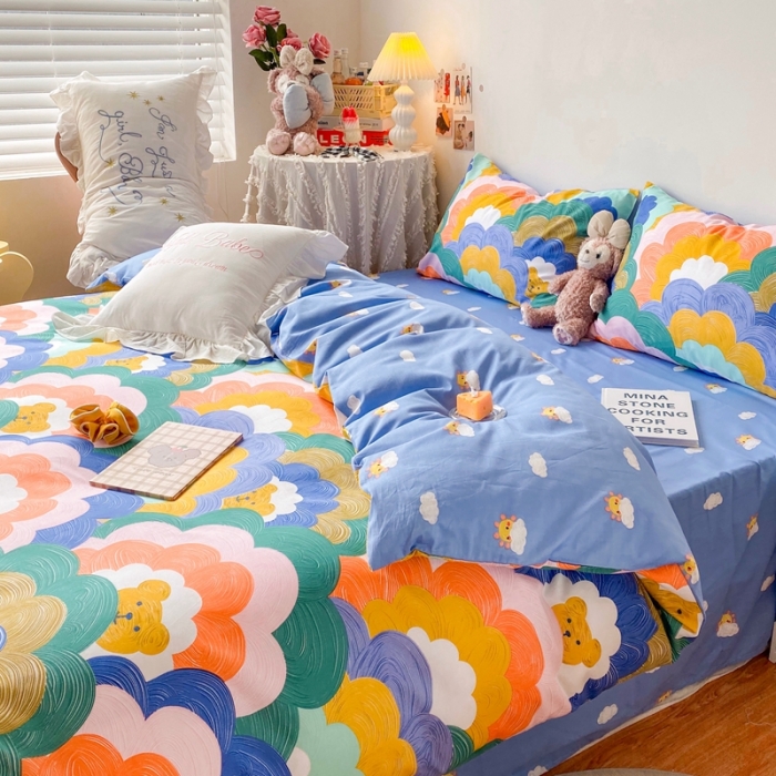 91家纺网 家纺一手货源 找家纺 顾里40支13372奶油系精梳全棉四季款四件套 油画小熊