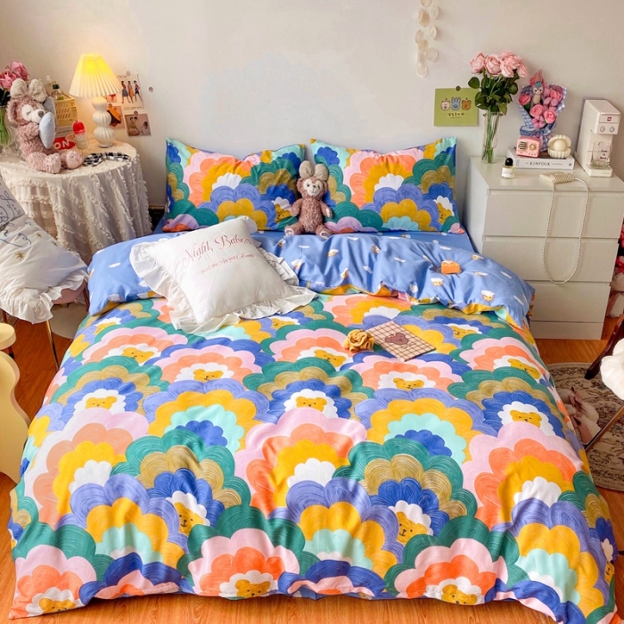 91家纺网 家纺一手货源 找家纺 顾里40支13372奶油系精梳全棉四季款四件套 油画小熊