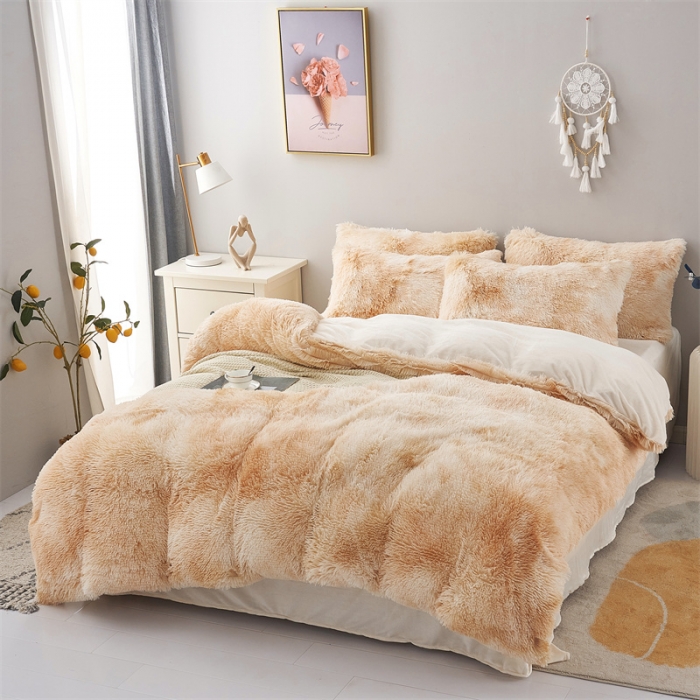 91家纺网 家纺一手货源 找家纺 品尚嘉家纺2025新款扎染水貂绒四件套长毛绒保暖套件 奶茶米