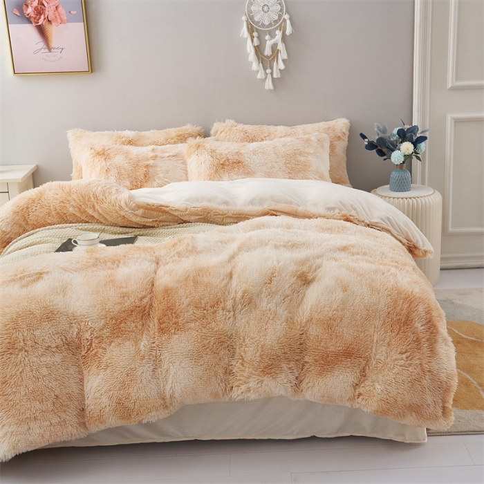 91家纺网 家纺一手货源 找家纺 品尚嘉家纺2025新款扎染水貂绒四件套长毛绒保暖套件 奶茶米