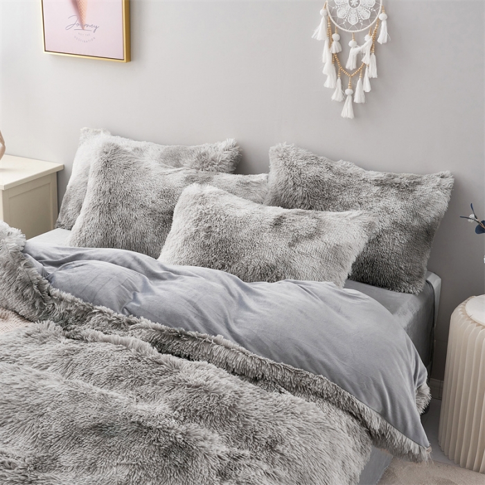 91家纺网 家纺一手货源 找家纺 品尚嘉家纺2025新款扎染水貂绒四件套长毛绒保暖套件 绅士灰