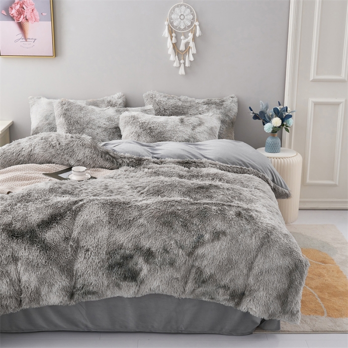 91家纺网 家纺一手货源 找家纺 品尚嘉家纺2025新款扎染水貂绒四件套长毛绒保暖套件 绅士灰