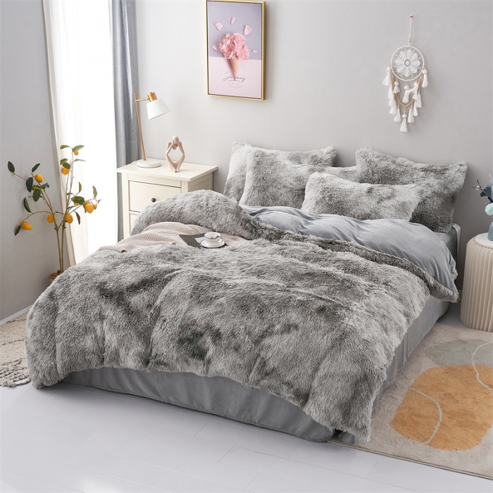 91家纺网 家纺一手货源 找家纺 品尚嘉家纺2025新款扎染水貂绒四件套长毛绒保暖套件 绅士灰