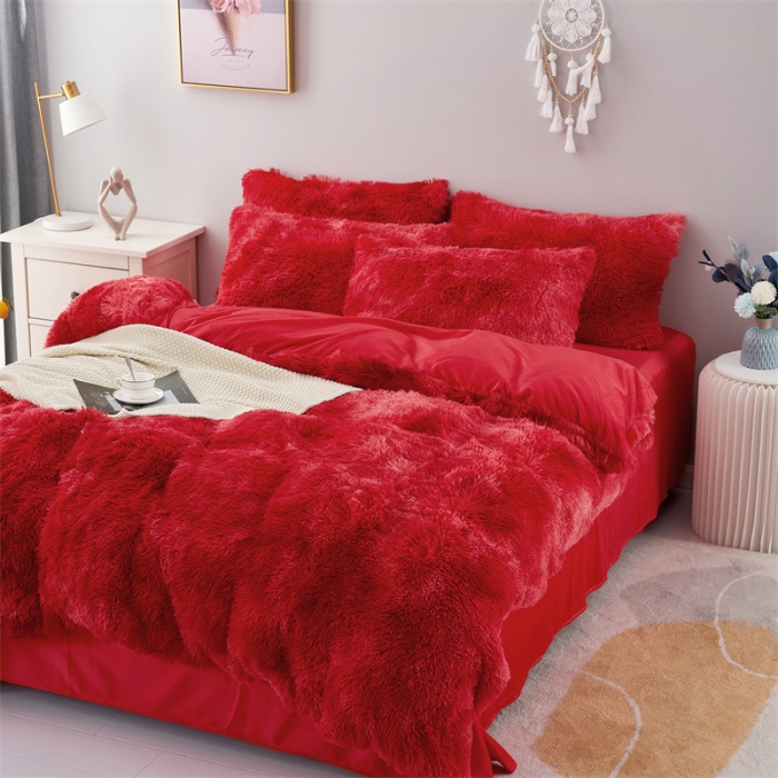 91家纺网 家纺一手货源 找家纺 品尚嘉家纺2025新款扎染水貂绒四件套长毛绒保暖套件 石榴红