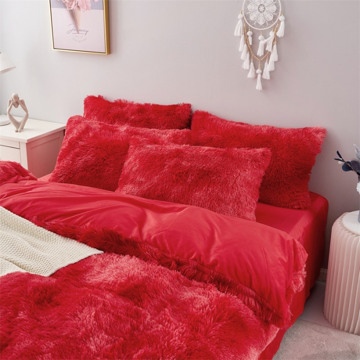 91家纺网 家纺一手货源 找家纺 品尚嘉家纺2025新款扎染水貂绒四件套长毛绒保暖套件 石榴红