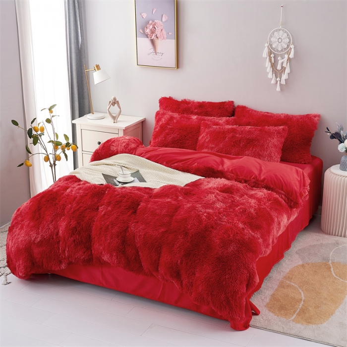 91家纺网 家纺一手货源 找家纺 品尚嘉家纺2025新款扎染水貂绒四件套长毛绒保暖套件 石榴红