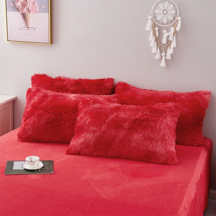 91家纺网 家纺一手货源 找家纺 品尚嘉家纺2025新款扎染水貂绒四件套长毛绒保暖套件 石榴红