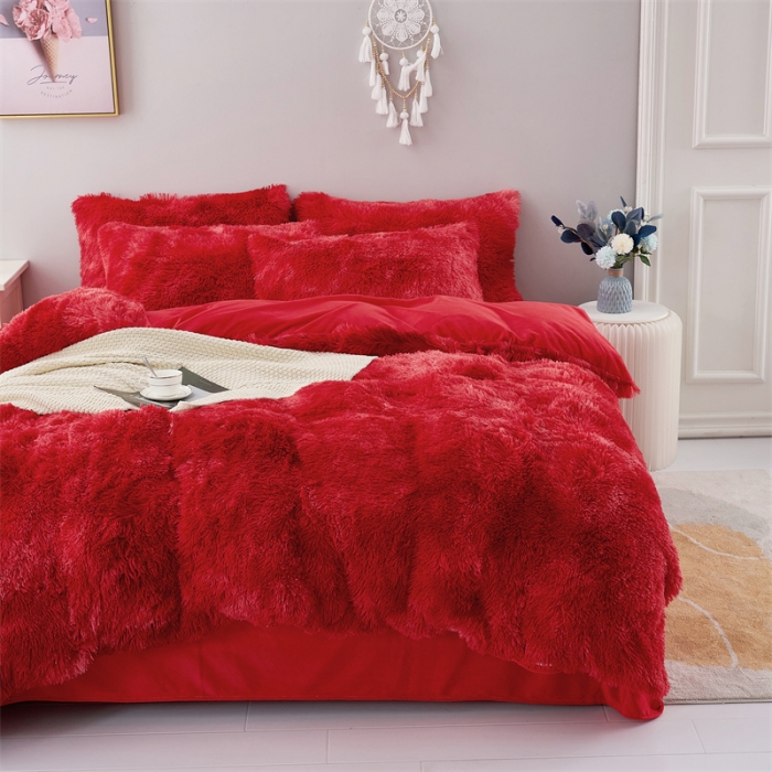 91家纺网 家纺一手货源 找家纺 品尚嘉家纺2025新款扎染水貂绒四件套长毛绒保暖套件 石榴红