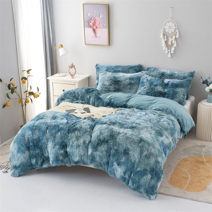 91家纺网 家纺一手货源 找家纺 品尚嘉家纺2025新款扎染水貂绒四件套长毛绒保暖套件 雾霾蓝