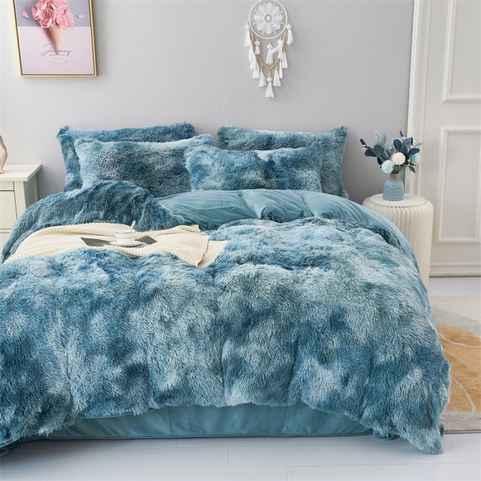 91家纺网 家纺一手货源 找家纺 品尚嘉家纺2025新款扎染水貂绒四件套长毛绒保暖套件 雾霾蓝