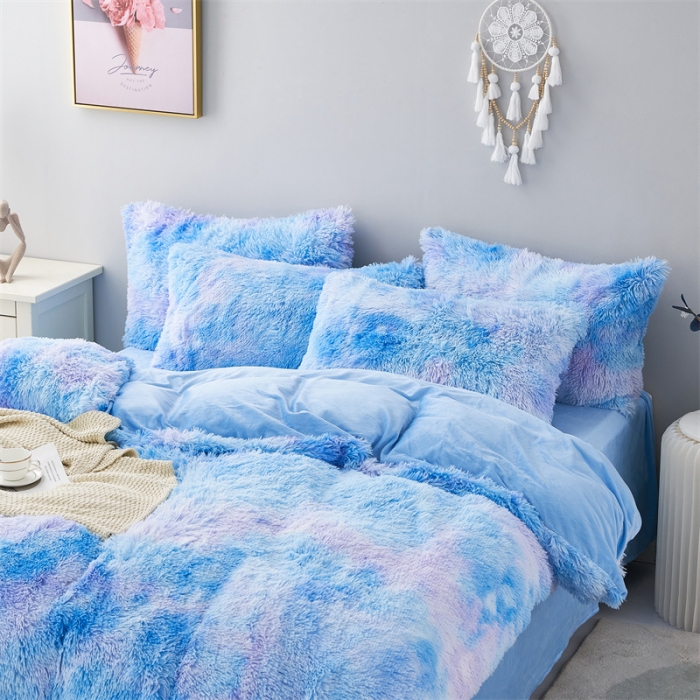 91家纺网 家纺一手货源 找家纺 品尚嘉家纺2025新款扎染水貂绒四件套长毛绒保暖套件 星空蓝