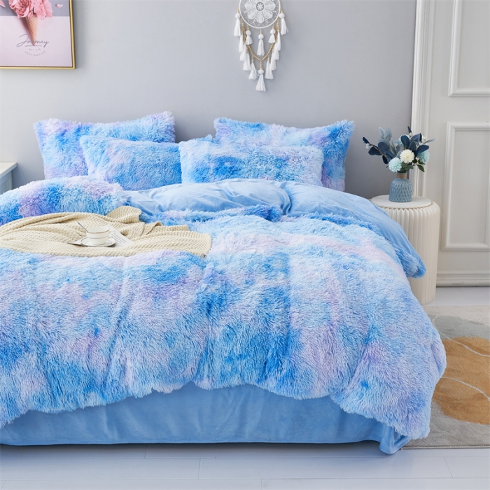 91家纺网 家纺一手货源 找家纺 品尚嘉家纺2025新款扎染水貂绒四件套长毛绒保暖套件 星空蓝