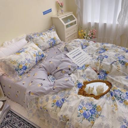 91家纺网 家纺一手货源 找家纺 顾里40支13372复古韩风蕾丝大花边全棉四件套夕颜蓝