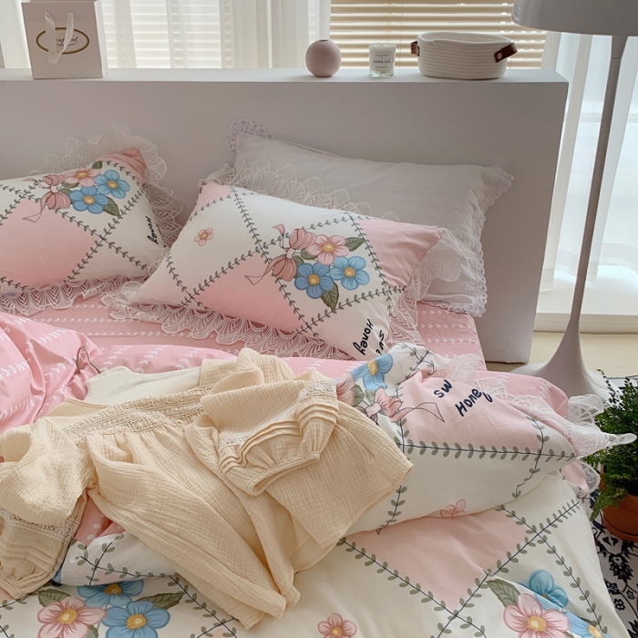 91家纺网 家纺一手货源 找家纺 顾里40支13372复古韩风蕾丝大花边全棉四件套花花蝴蝶结