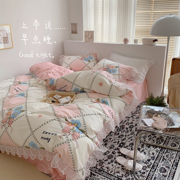 91家纺网 家纺一手货源 找家纺 顾里40支13372复古韩风蕾丝大花边全棉四件套花花蝴蝶结